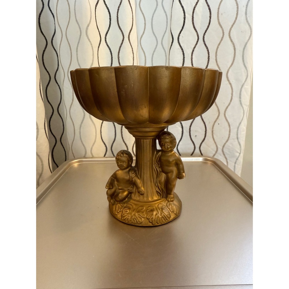 Vtg Gold Cherub Compote Bowl Scalloped Emerald Green Glaze Ceramic Centerpiece‎
